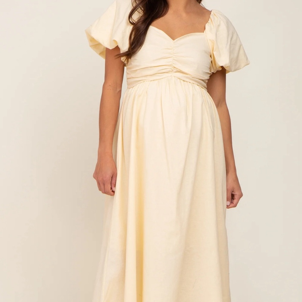 Yellow Sweetheart Neck Puff Sleeve Linen Maternity Midi Dress